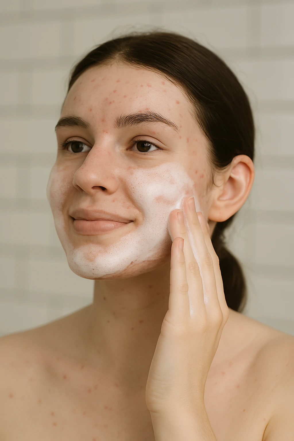 Νεανική επιδερμίδα με ακμή εφαρμόζει αφρό καθαρισμού με tea tree oil – φυσική περιποίηση προσώπου